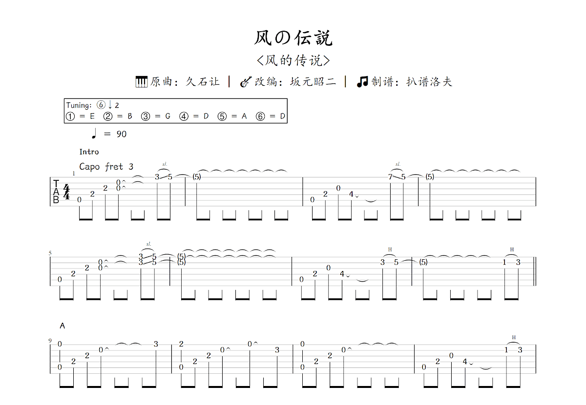 风の伝説吉他谱_坂元昭二,久石让_C调指弹