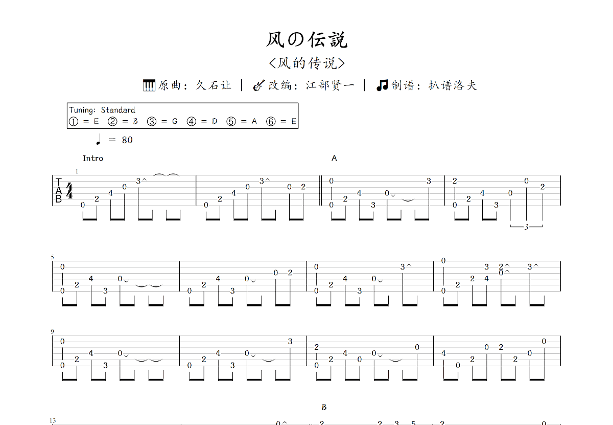 风の伝説吉他谱_江部贤一,久石让_C调指弹
