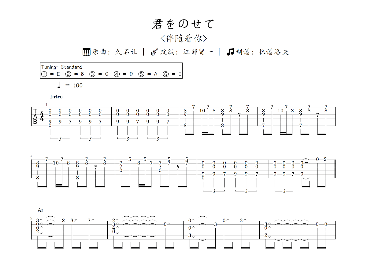 君をのせて吉他谱_江部贤一,久石让_C调指弹