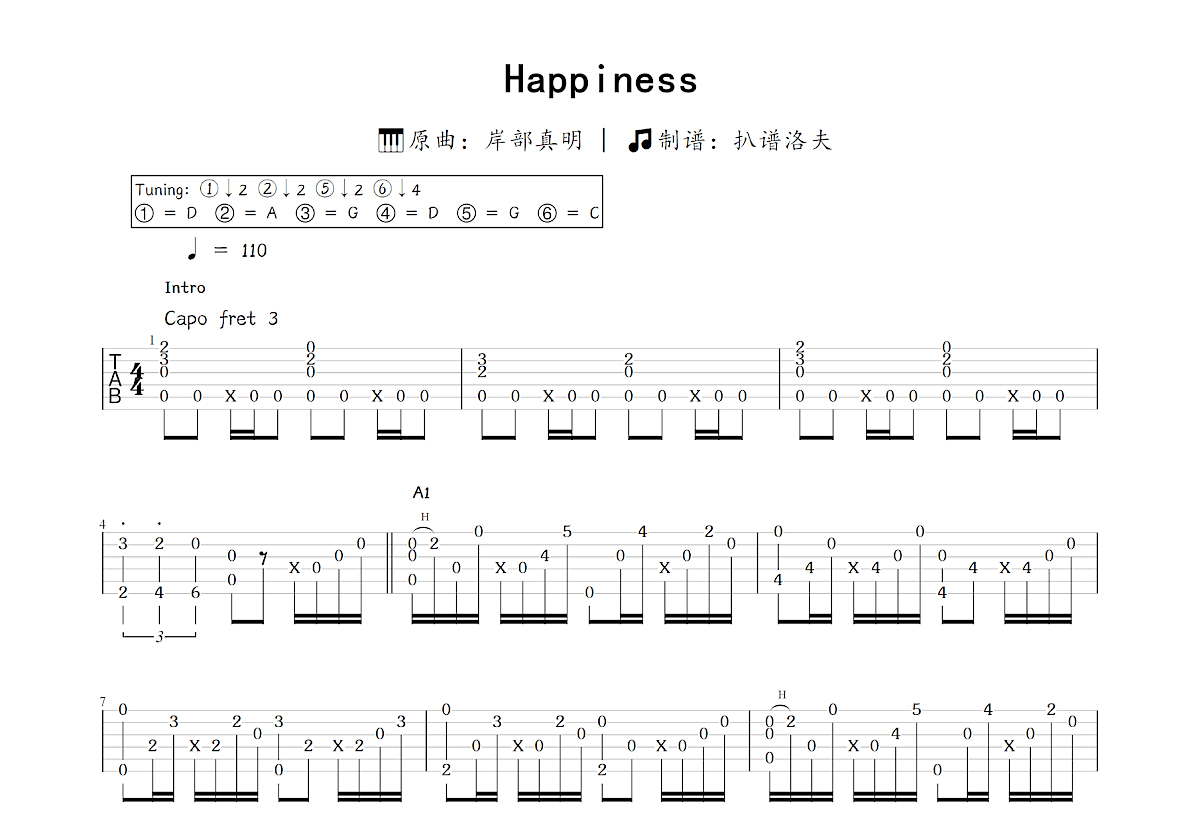 Happiness吉他谱_岸部真明_C调指弹