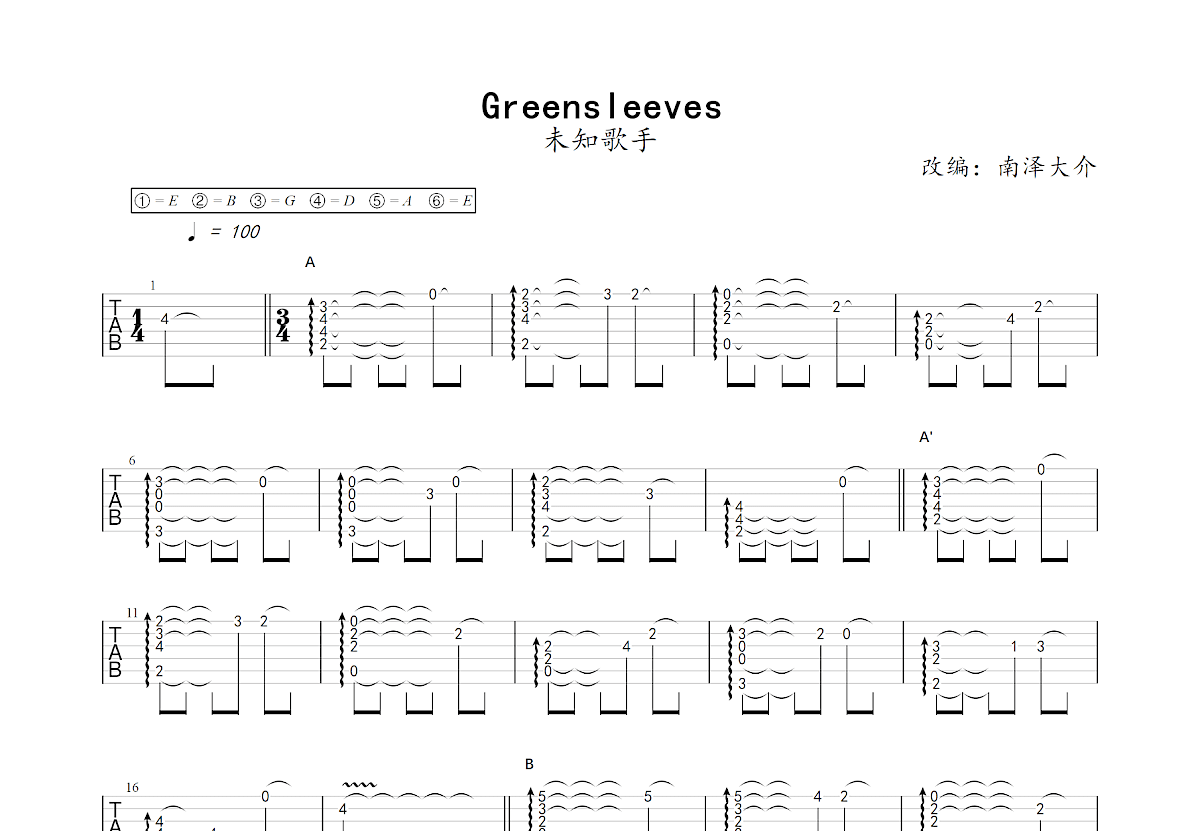 Greensleeves吉他谱预览图
