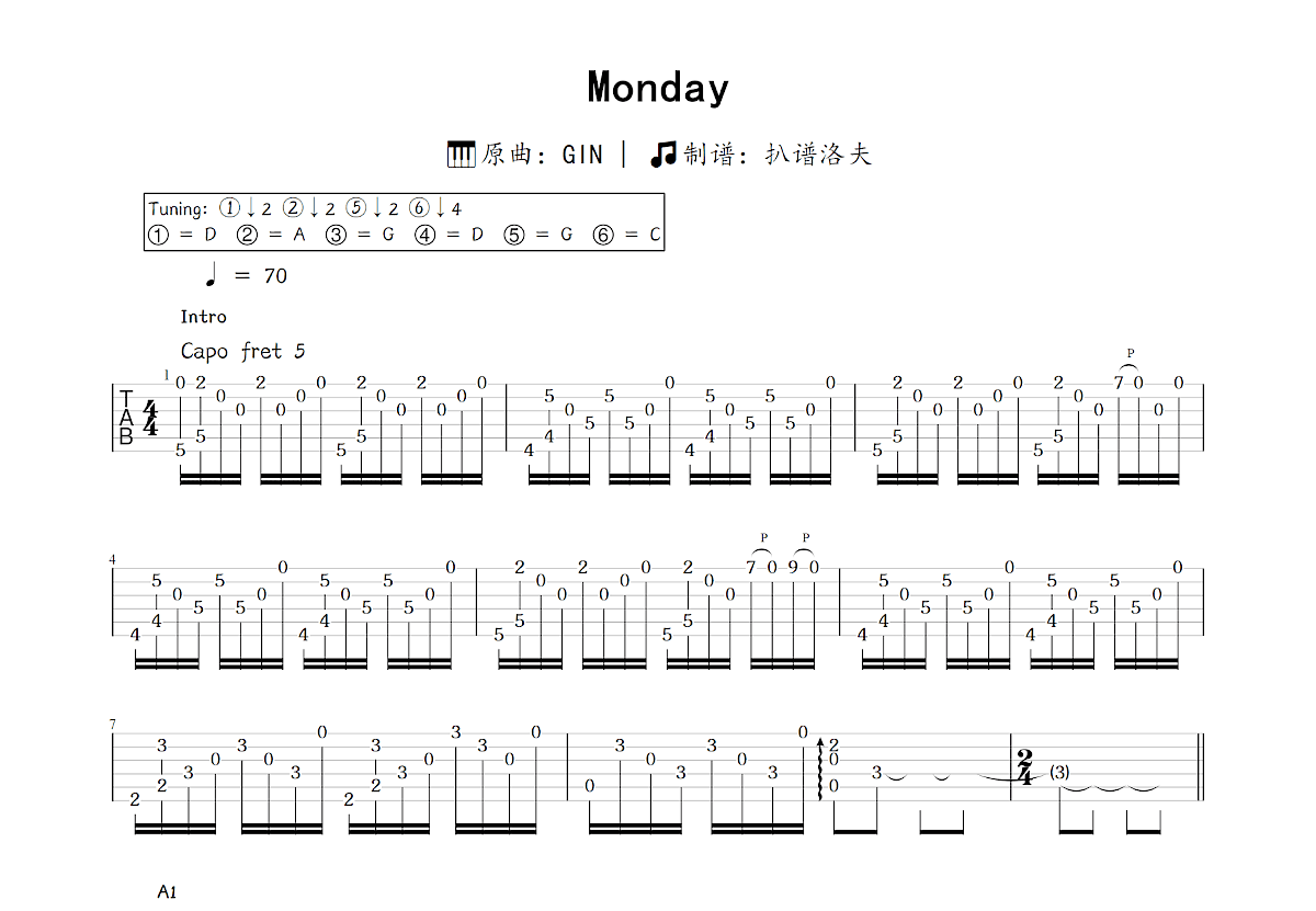 Monday吉他谱_GIN_C调指弹
