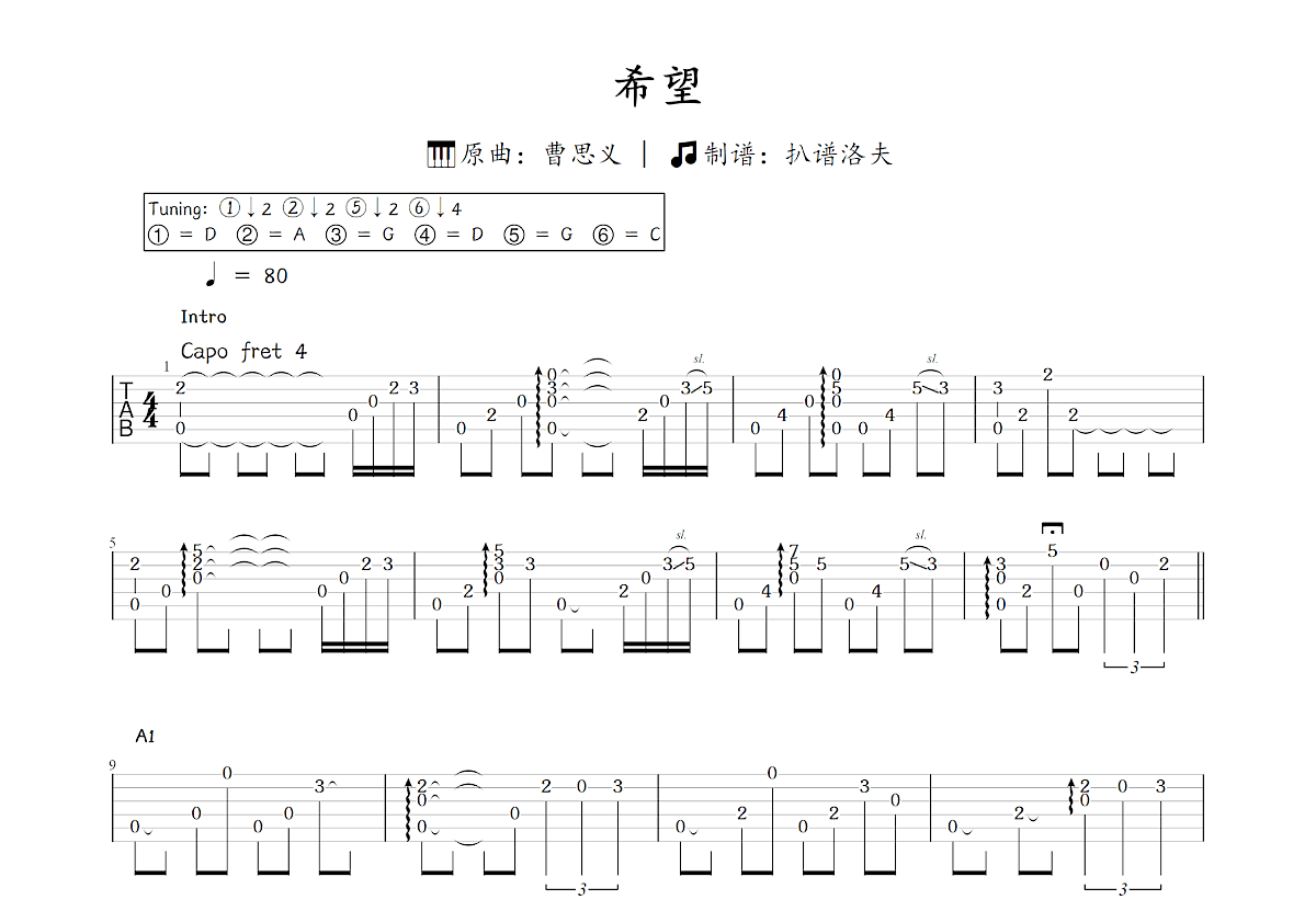 希望吉他谱_曹思义_C调指弹