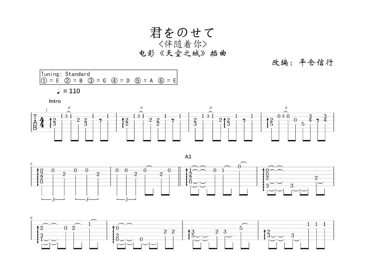 君をのせて吉他谱_平仓信行,宫崎骏_C调指弹