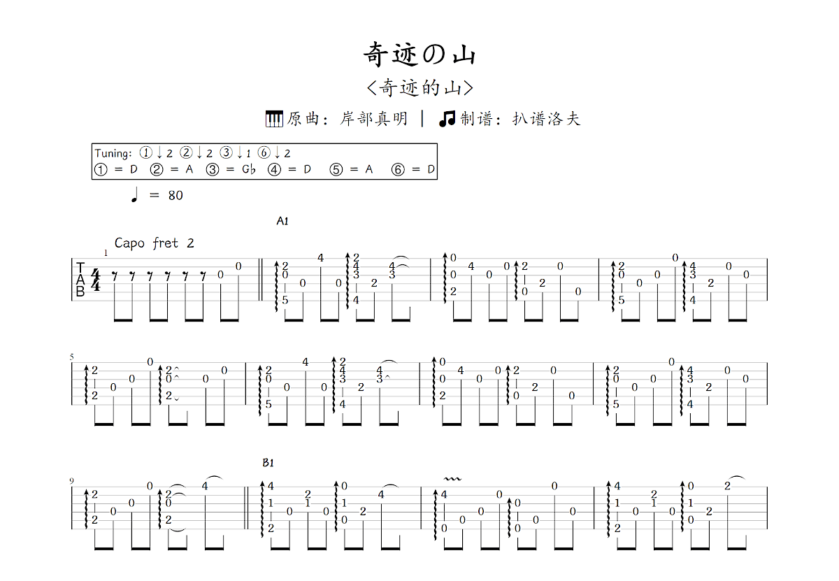 奇迹の山吉他谱_岸部真明_C调指弹