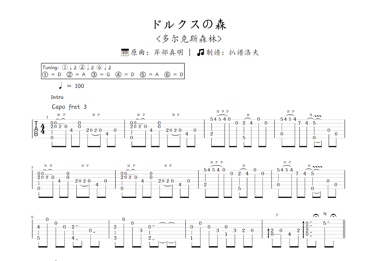 ドルクスの森吉他谱_岸部真明_C调指弹