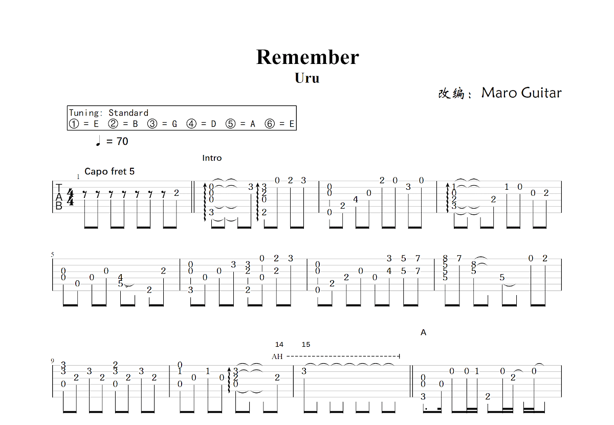 Remember吉他谱_Maro Guitar,Uru_C调指弹