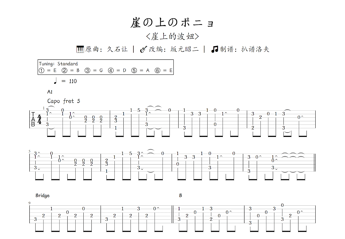 崖の上のポニョ吉他谱_坂元昭二,久石让_C调指弹