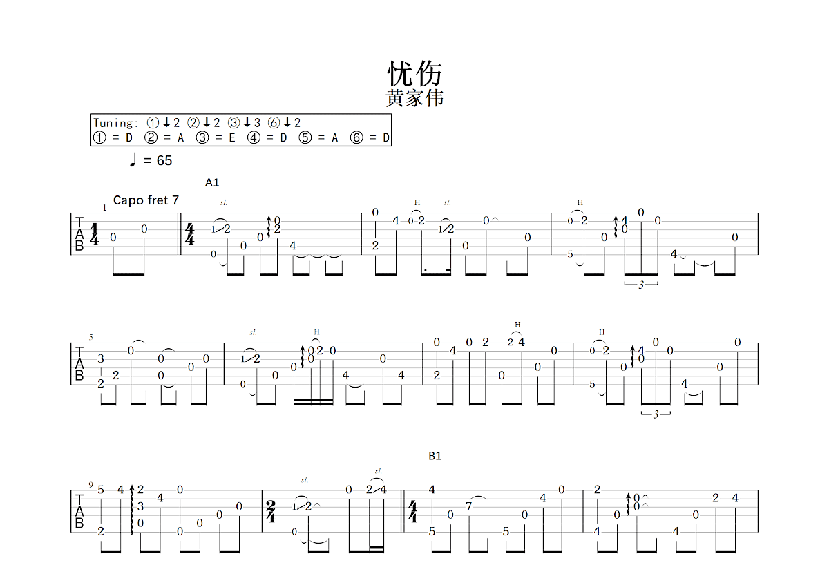 忧伤吉他谱预览图