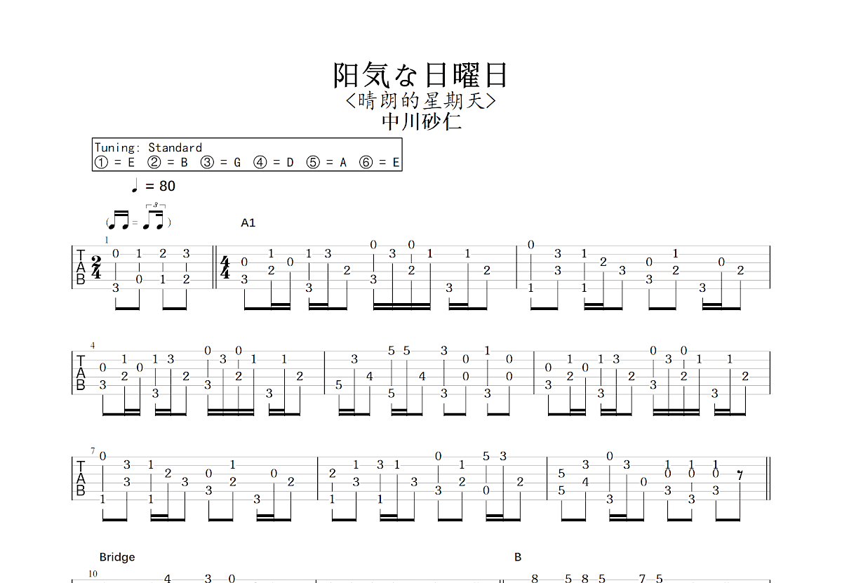 阳気な日曜日吉他谱_中川砂仁_C调指弹