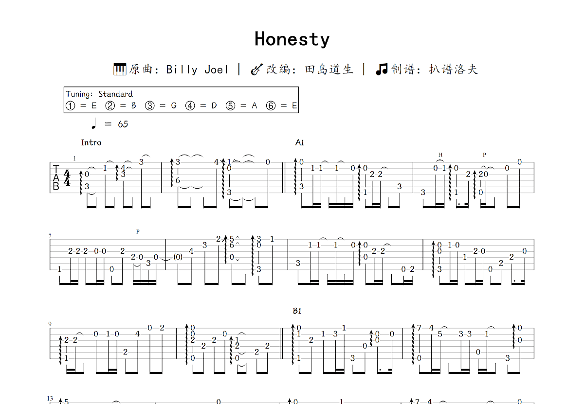 Honesty吉他谱_田岛道生,Billy Joel_C调指弹