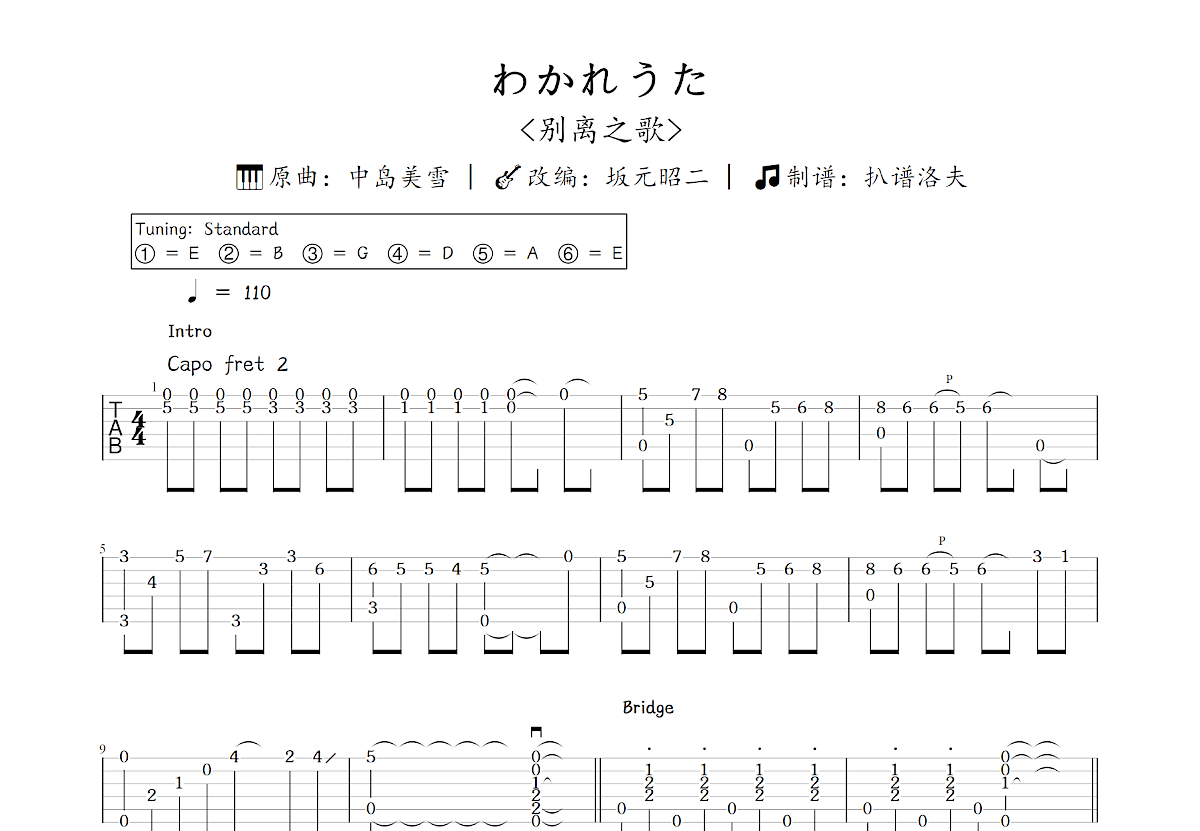 わかれうた吉他谱预览图