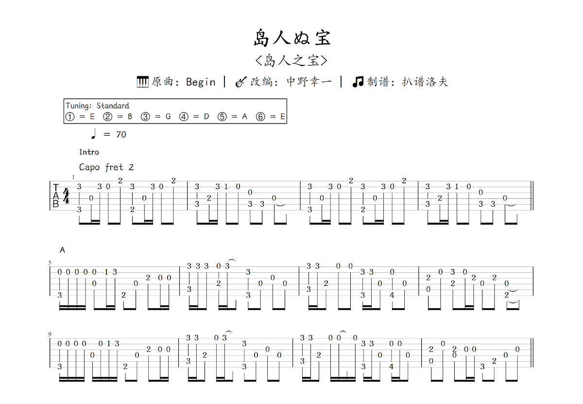 岛人ぬ宝吉他谱_中野幸一,Begin_C调指弹