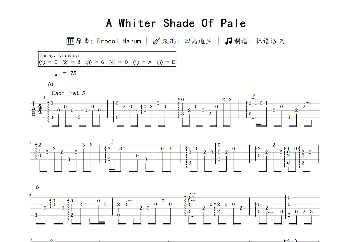 A Whiter Shade Of Pale吉他谱_田岛道生,Procol Harum_C调指弹