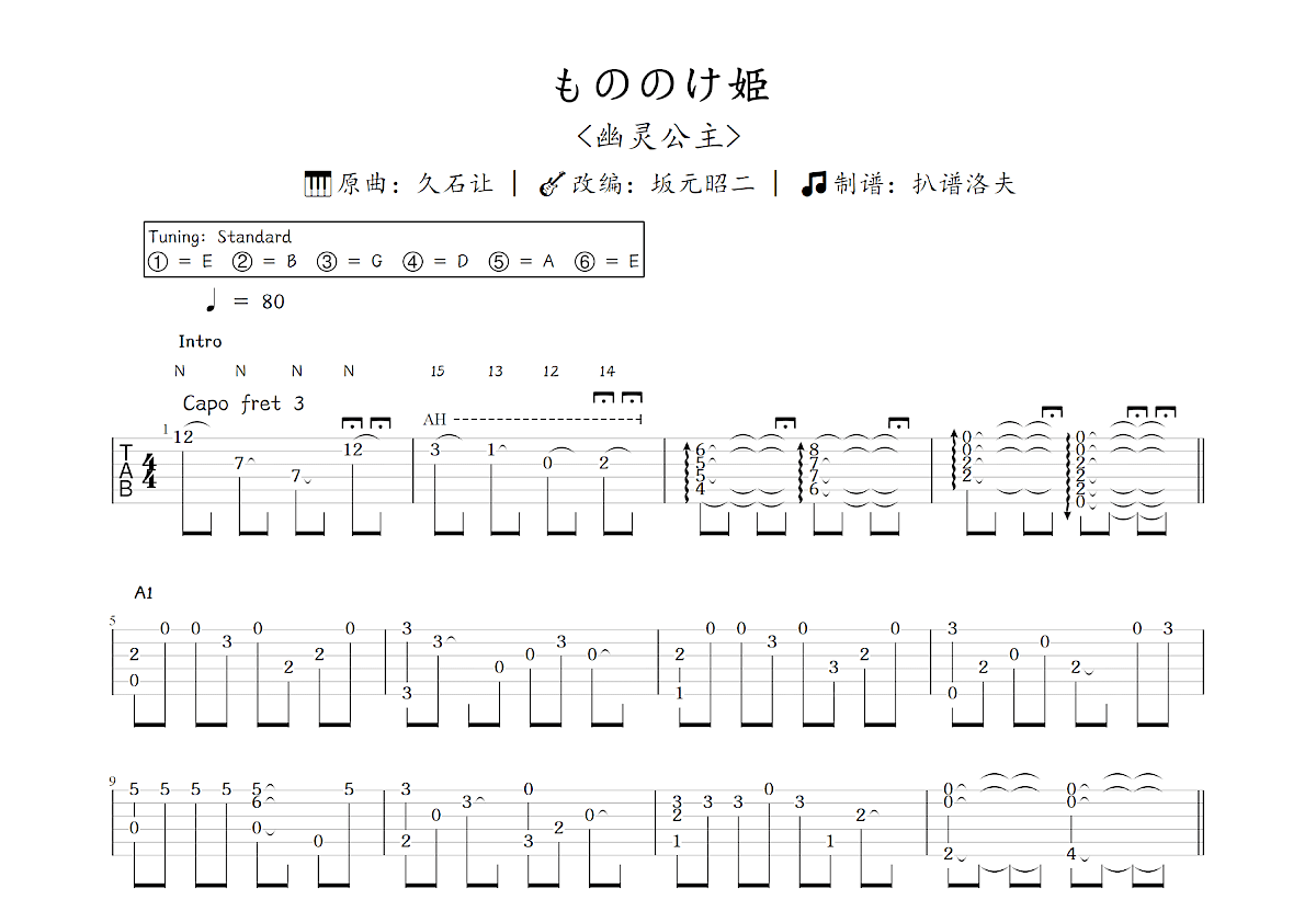 もののけ姫吉他谱_坂元昭二,久石让_C调指弹