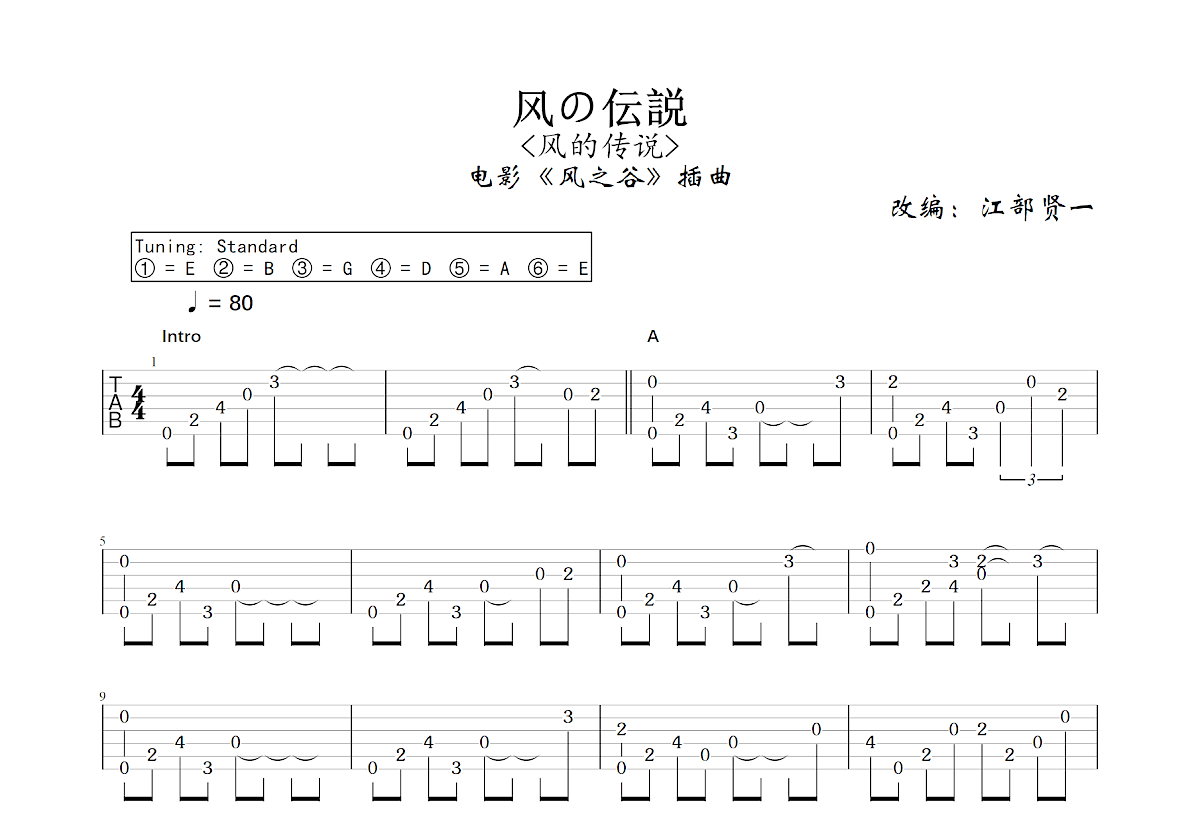 风の伝説吉他谱_江部贤一,宫崎骏_C调指弹