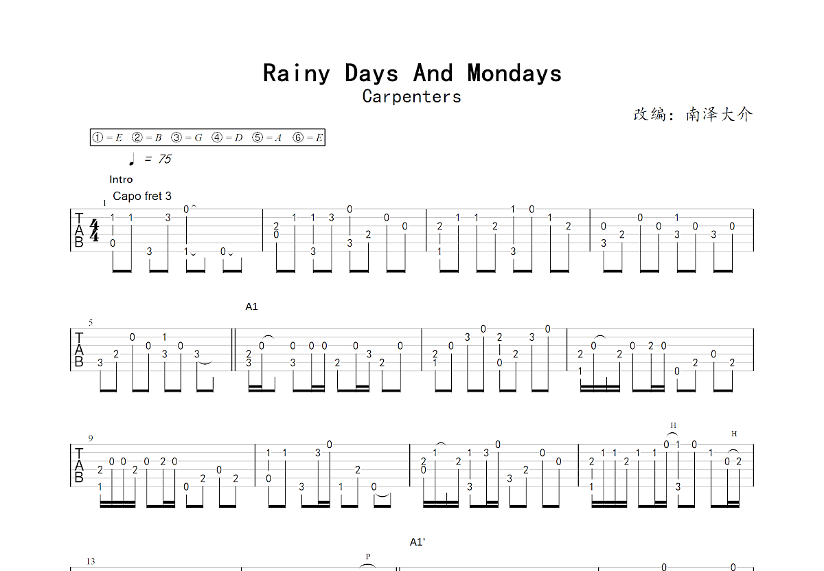 Rainy Days And Mondays吉他谱预览图