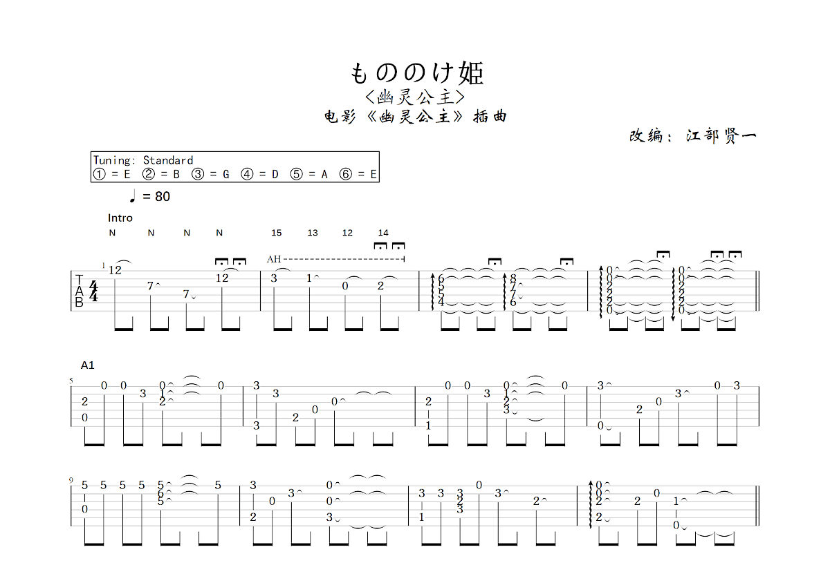 もののけ姫吉他谱_江部贤一,宫崎骏_C调指弹