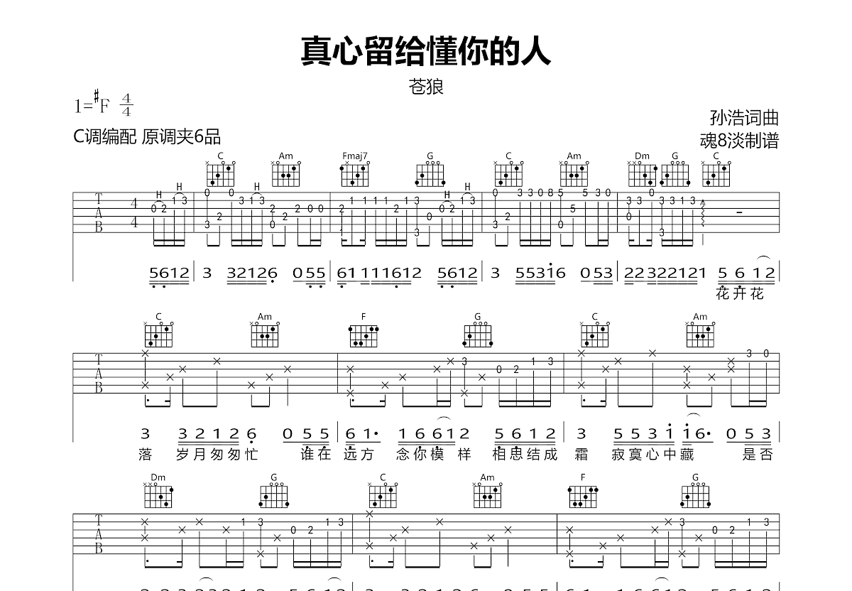 真心留给懂你的人吉他谱预览图