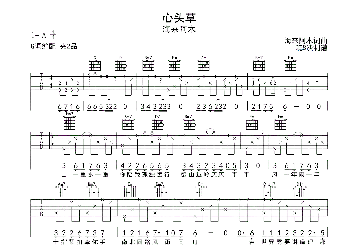 心头草吉他谱_海来阿木_G调弹唱