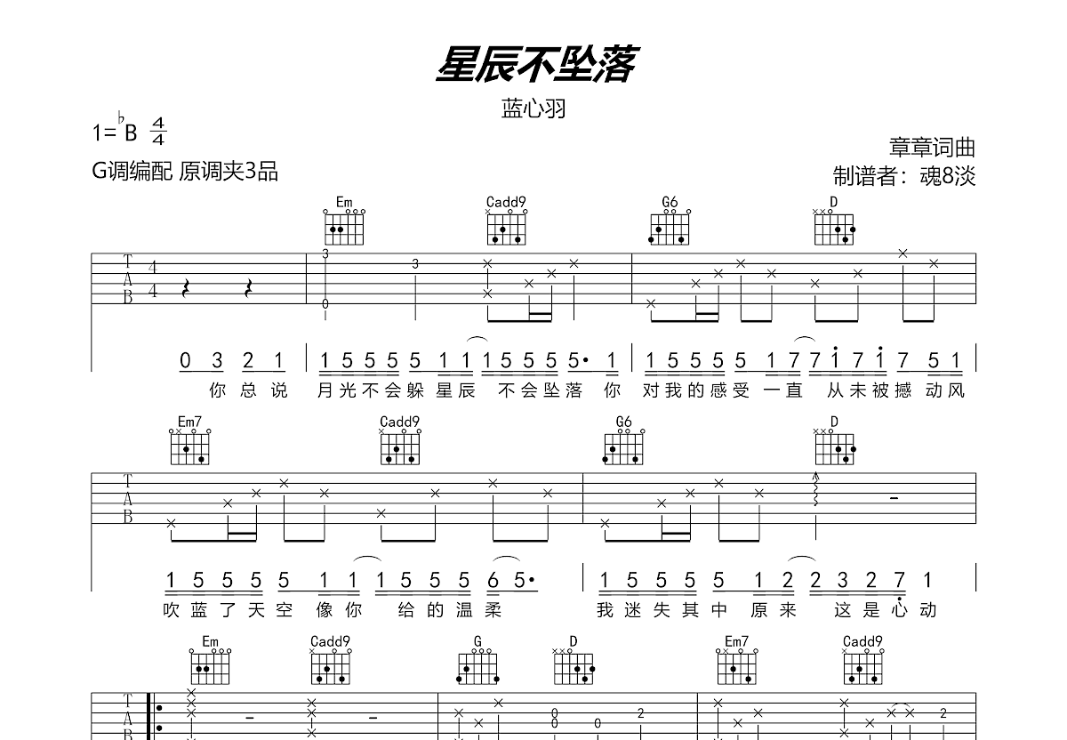 星辰不坠落吉他谱预览图