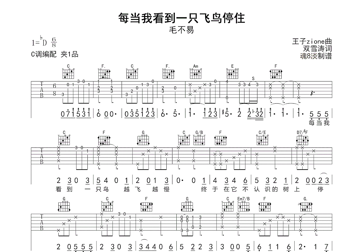 每当我看到一只飞鸟停住吉他谱预览图