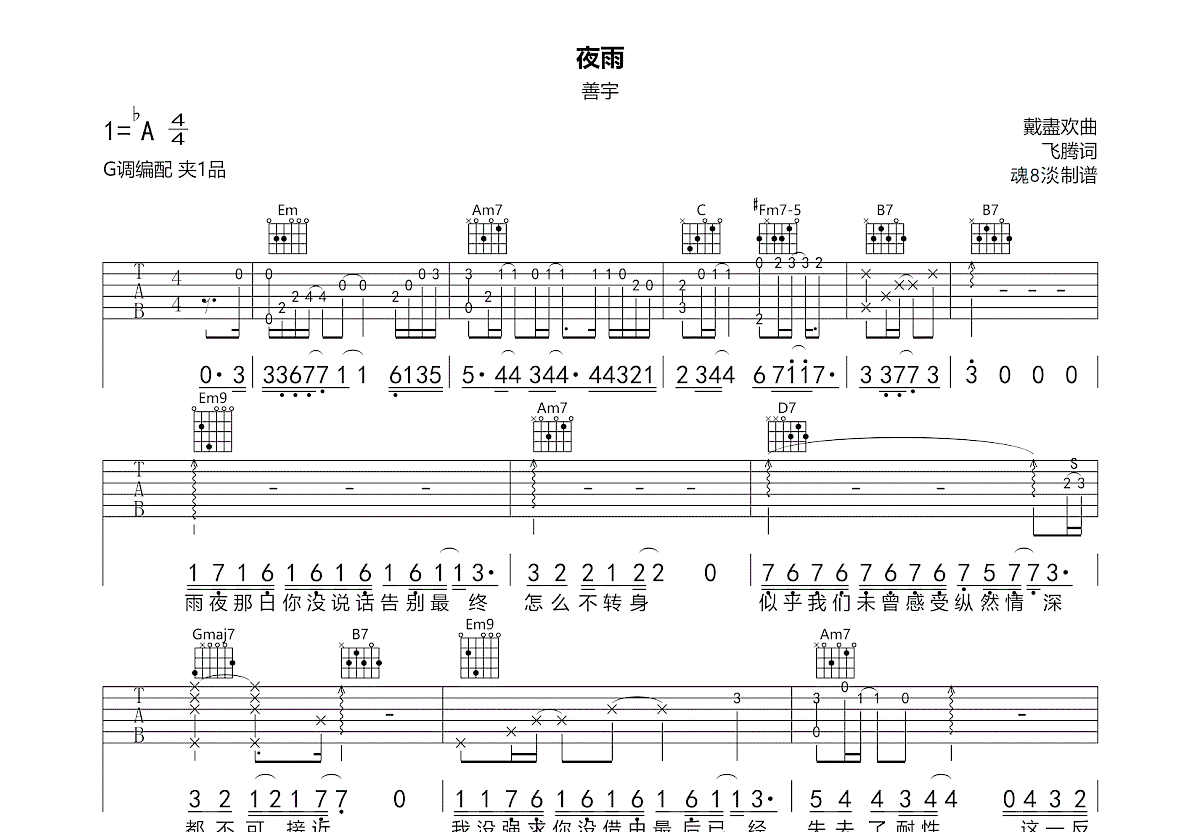 夜雨吉他谱预览图