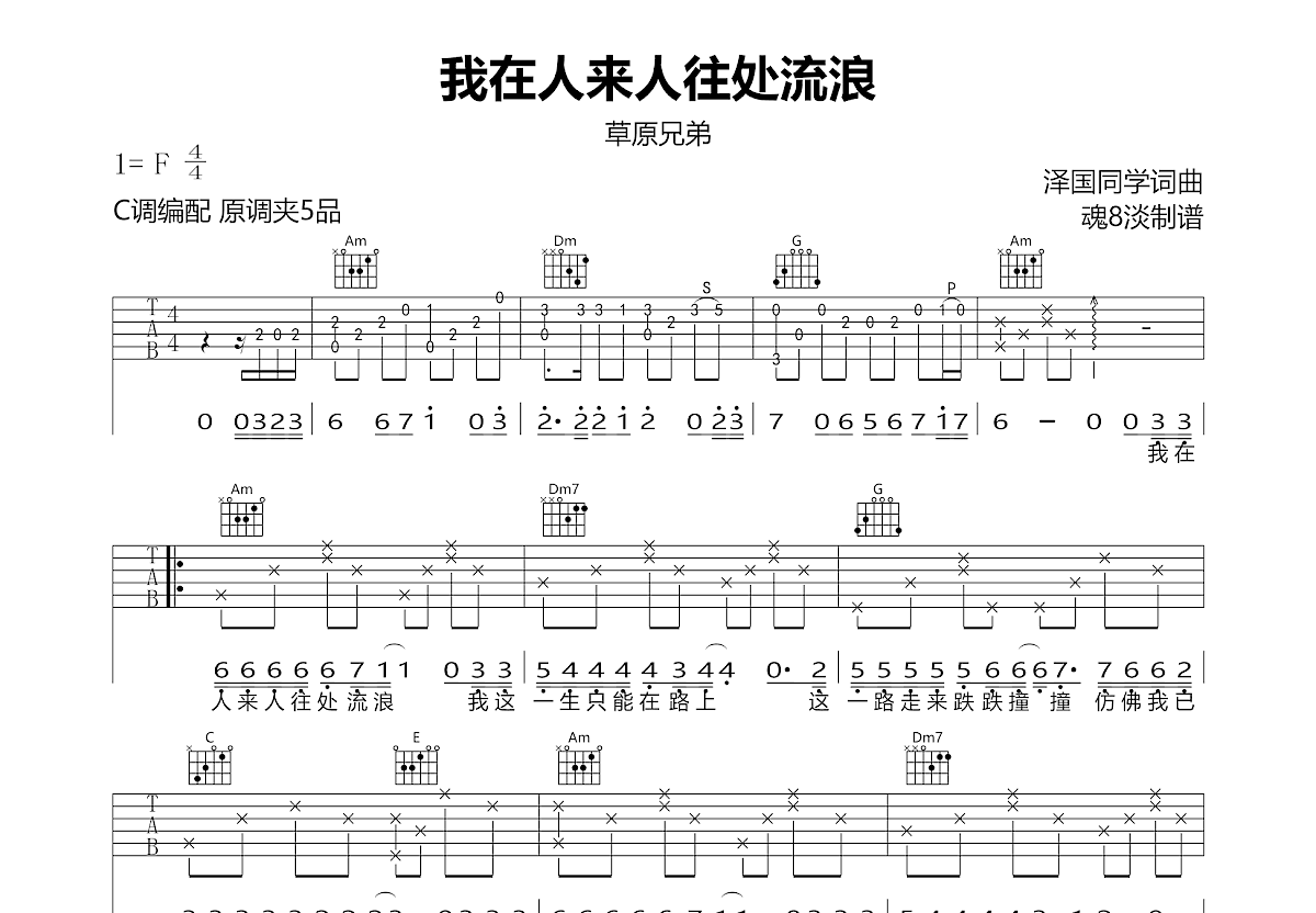 我在人来人往处流浪吉他谱_草原兄弟_C调弹唱