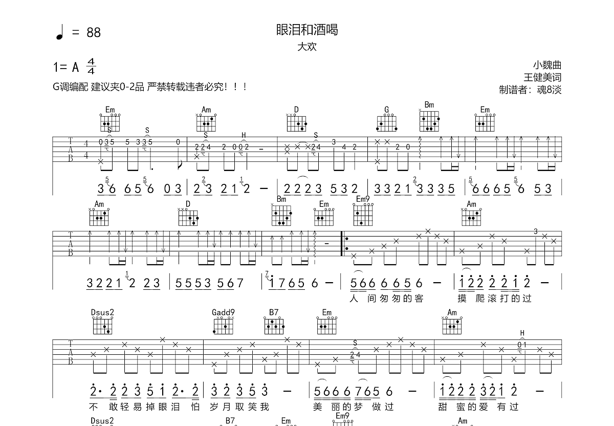 眼泪和酒喝吉他谱预览图