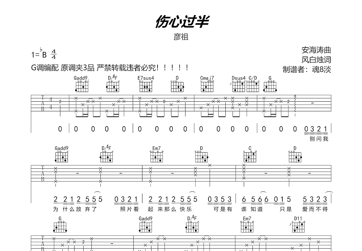 伤心过半吉他谱预览图