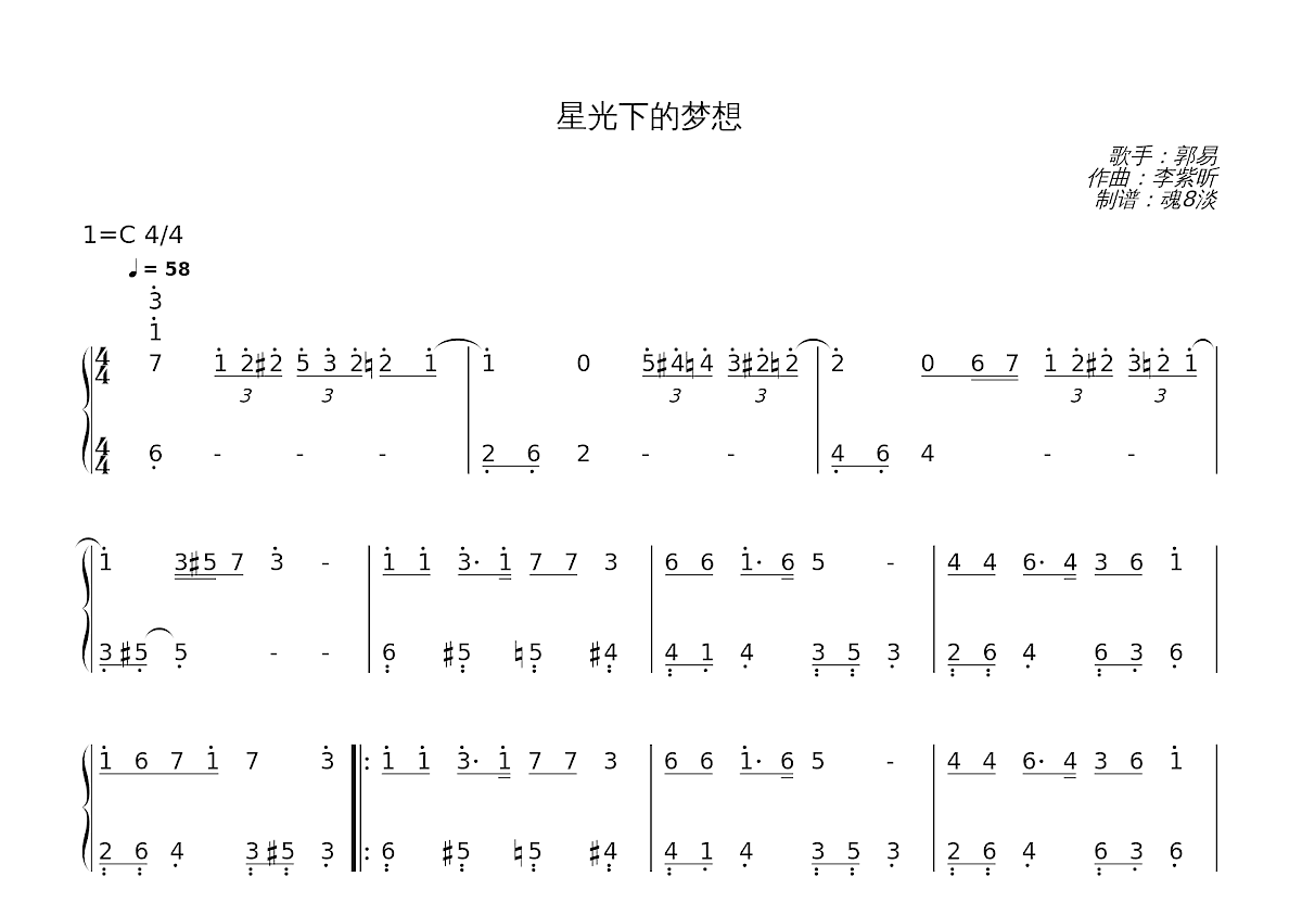 星光下的梦想钢琴谱 郭易 C调独奏 吉他世界