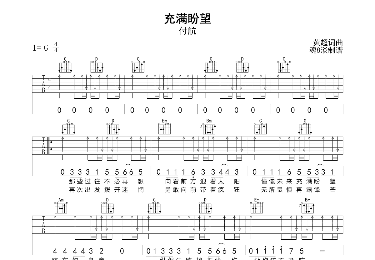 充满盼望吉他谱_付航_G调弹唱