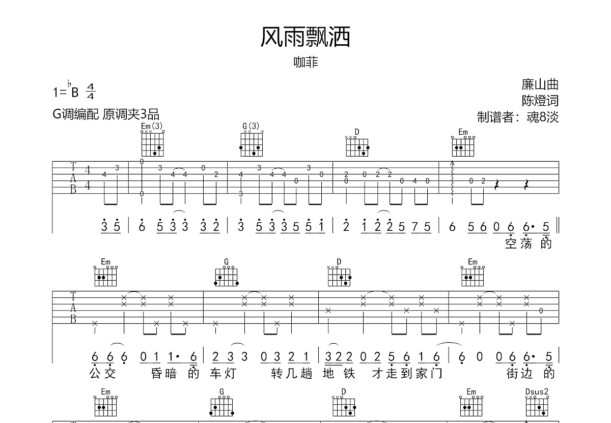 风雨飘洒吉他谱预览图