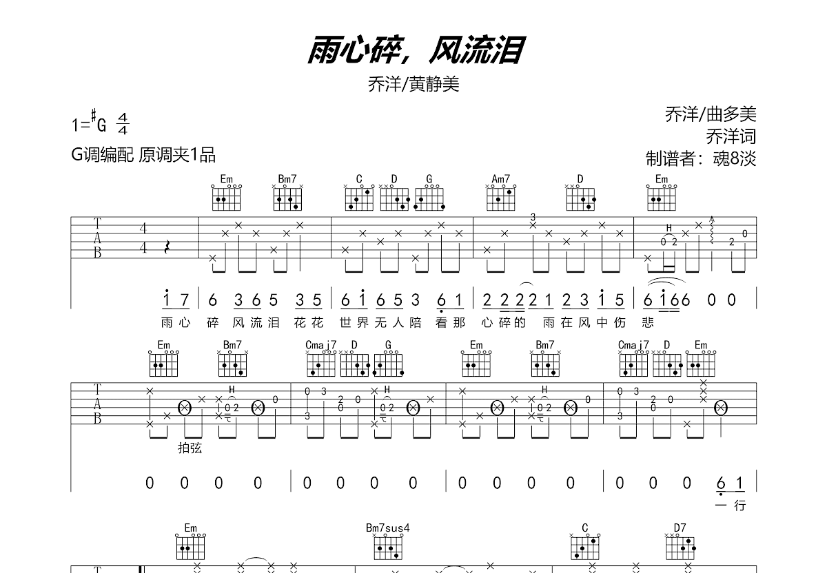 雨心碎，风流泪吉他谱预览图