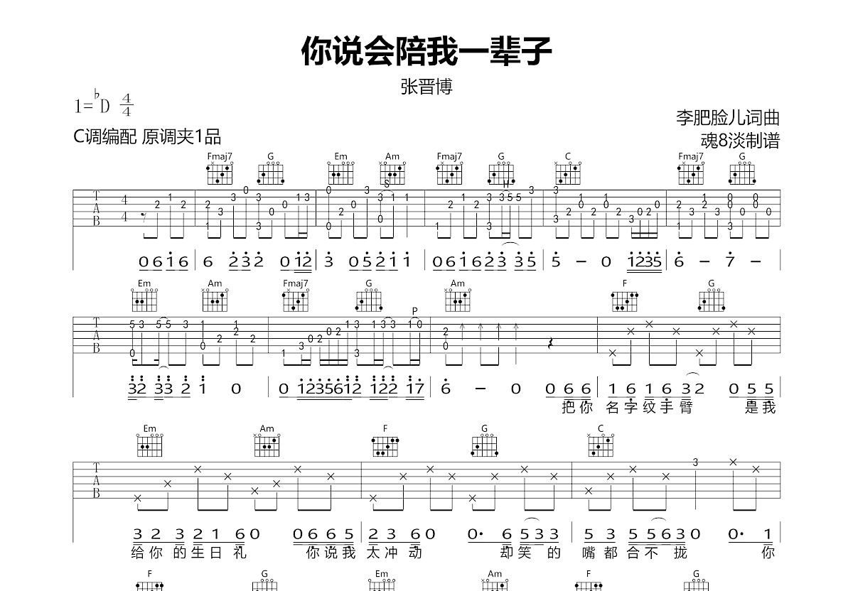 你说会陪我一辈子吉他谱预览图