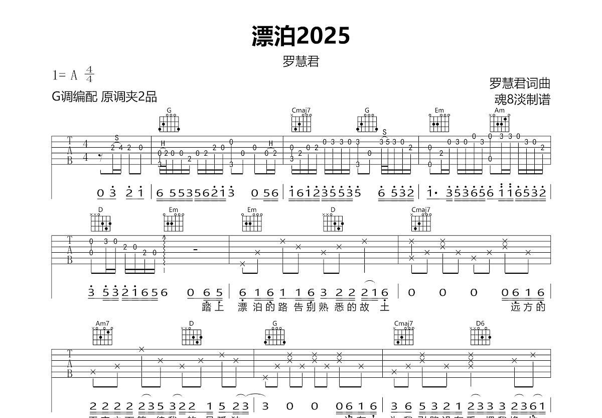 漂泊2025吉他谱_罗慧君_G调弹唱