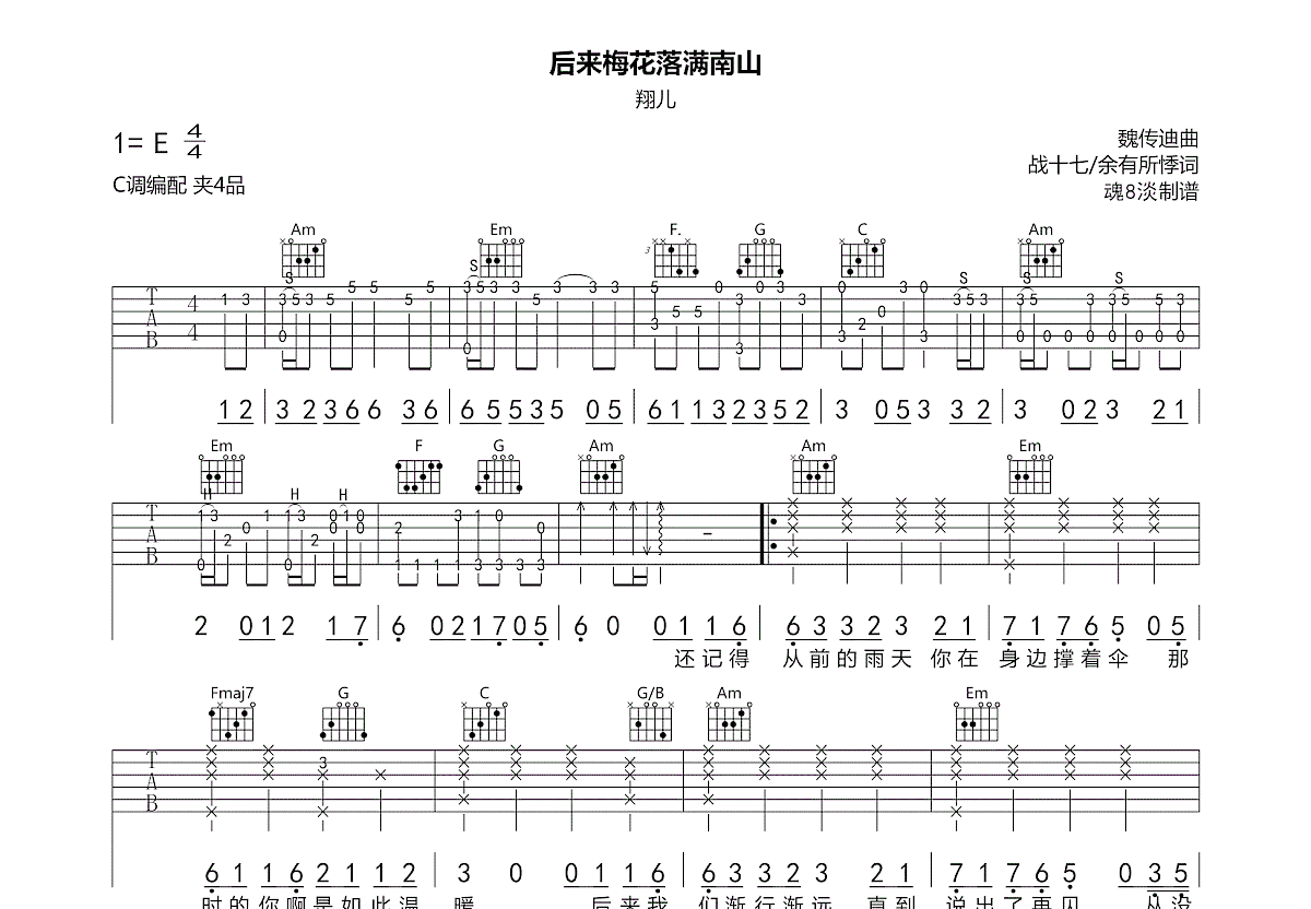 后来梅花落满南山吉他谱_翔儿_C调弹唱