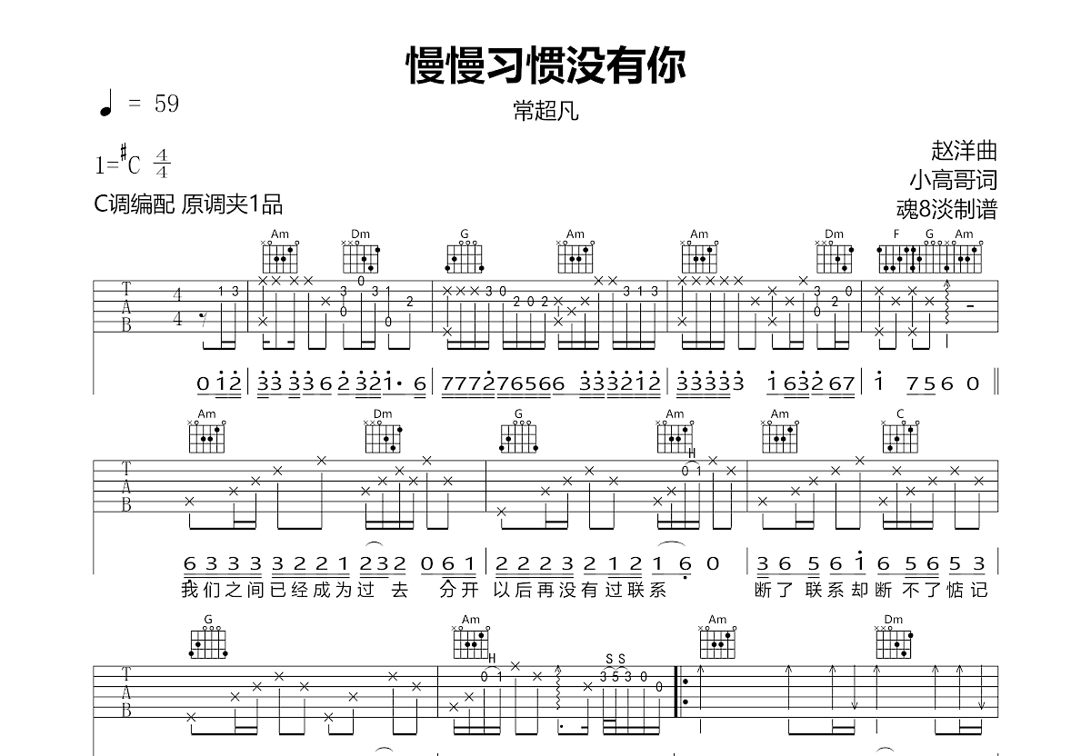 慢慢习惯没有你吉他谱预览图