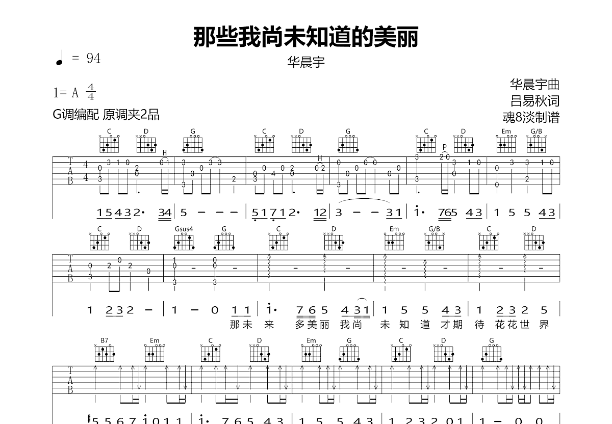 那些我尚未知道的美丽吉他谱_华晨宇_G调弹唱