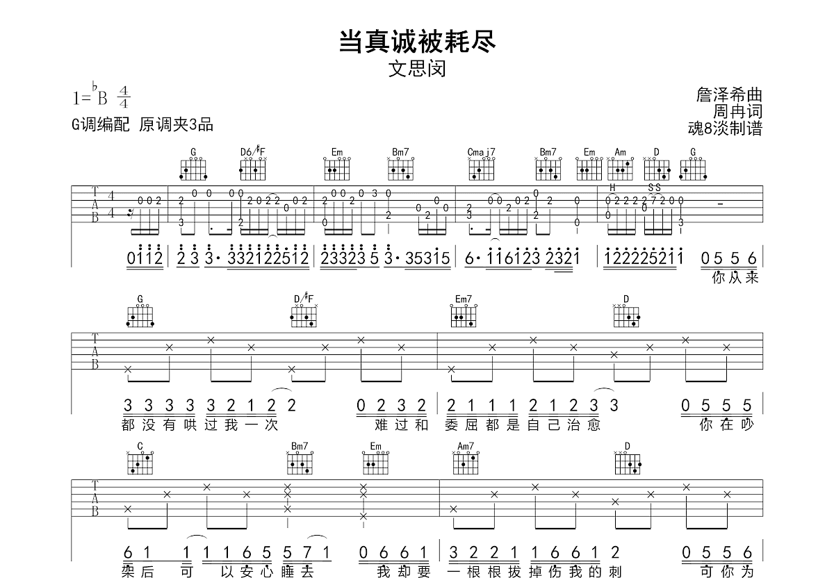 当真诚被耗尽吉他谱预览图