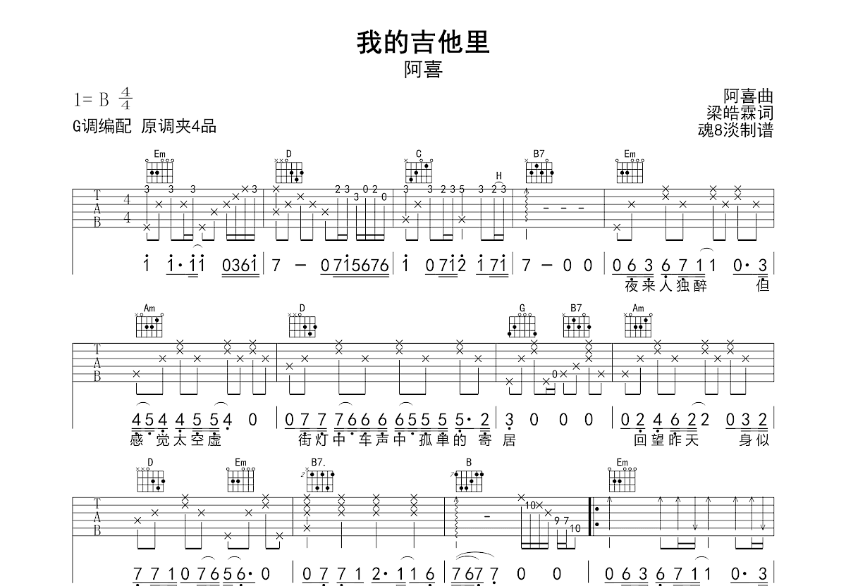 我的吉他里吉他谱_阿喜_G调弹唱