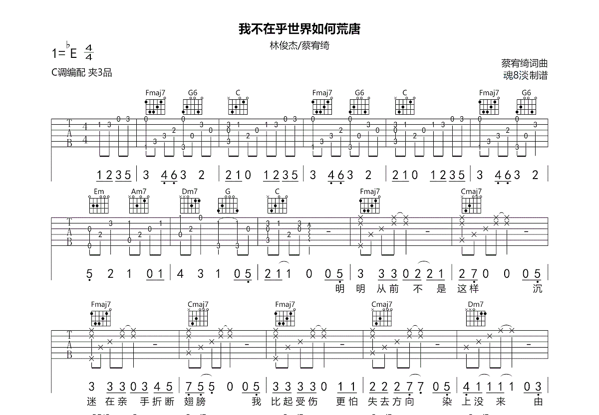 我不在乎世界如何荒唐吉他谱_林俊杰,蔡宥绮_C调弹唱