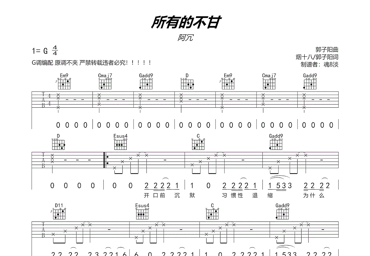 所有的不甘吉他谱预览图