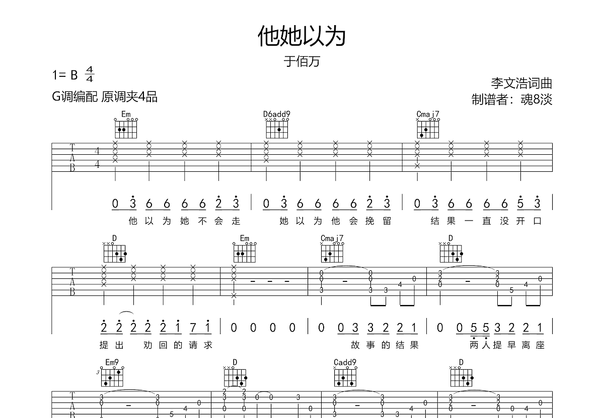 他她以为吉他谱预览图