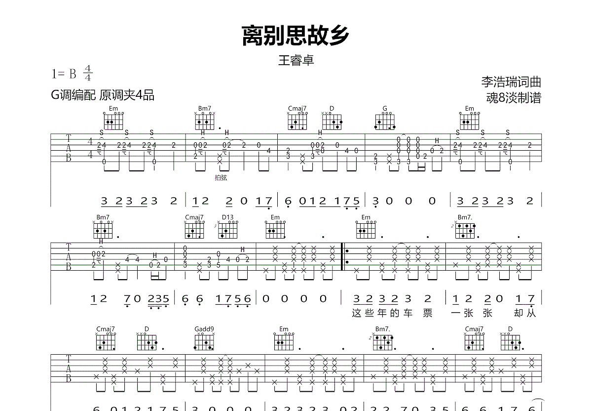 离别思故乡吉他谱预览图