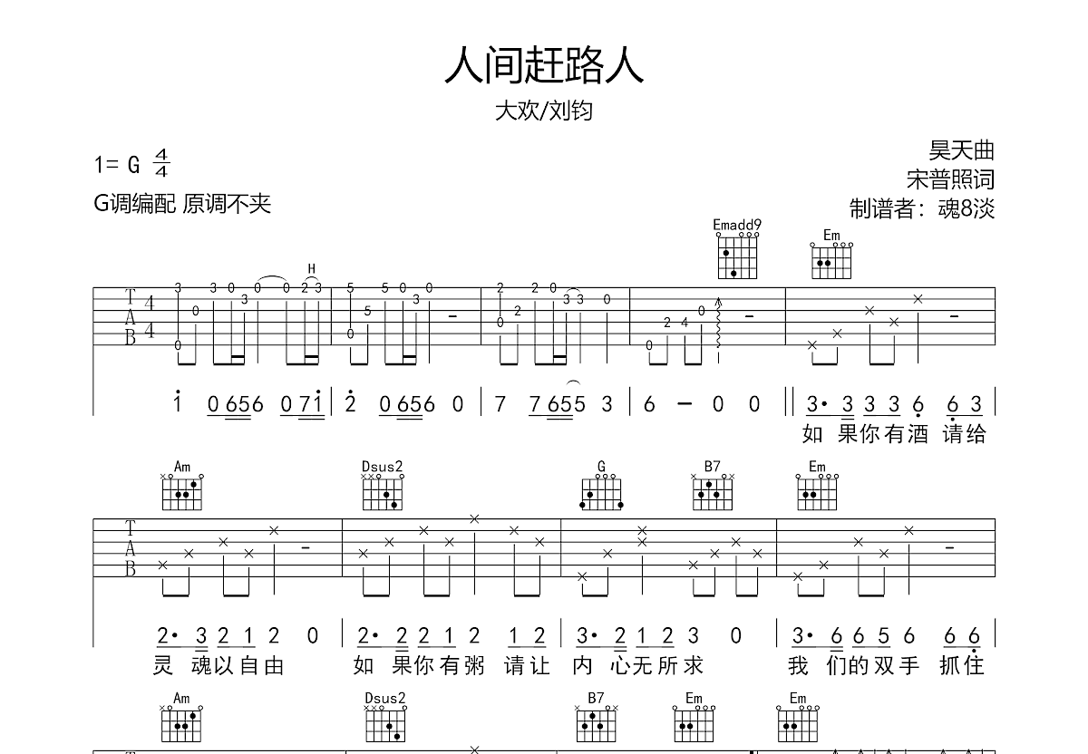 人间赶路人吉他谱预览图