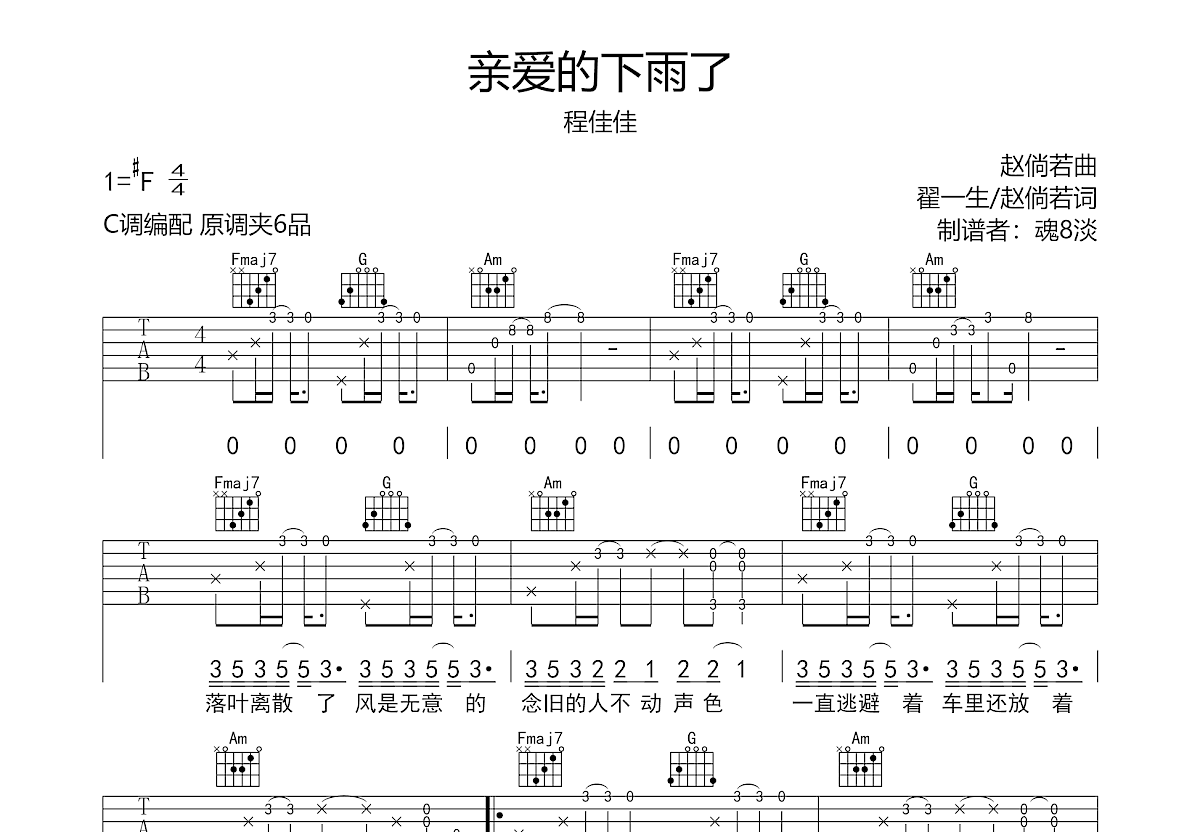 亲爱的下雨了吉他谱预览图