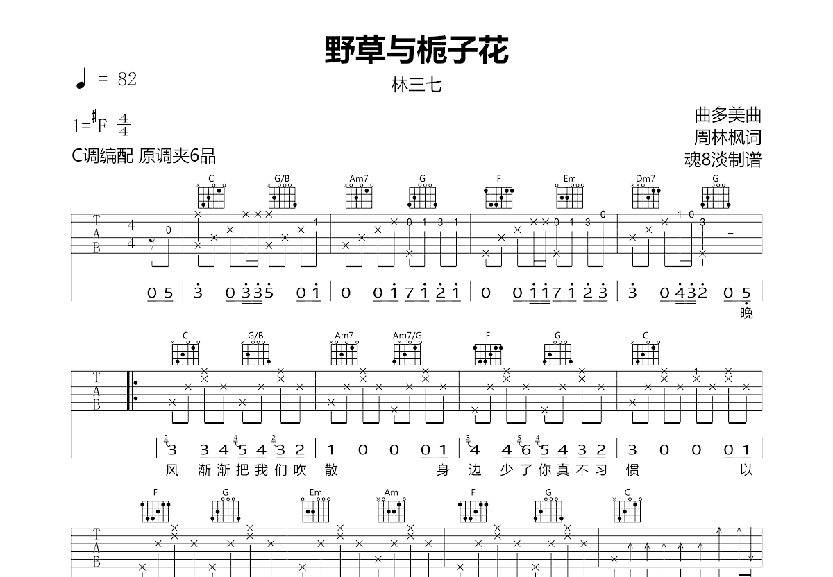 野草与栀子花吉他谱预览图