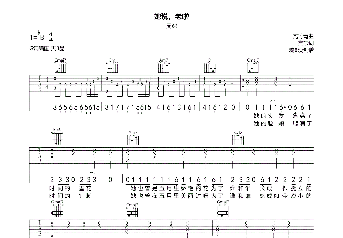 她说，老啦吉他谱预览图