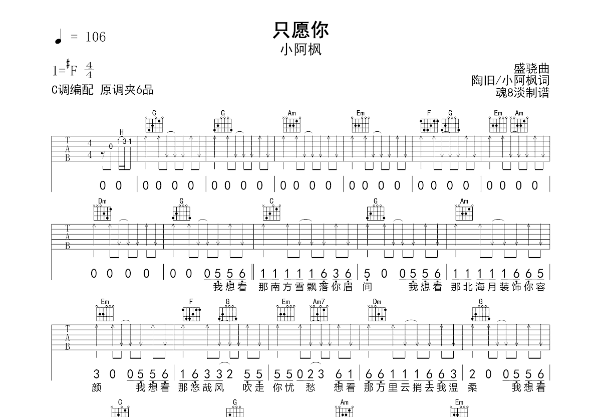 只愿你吉他谱_小阿枫_C调弹唱